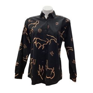 Vintage Roper Women’s Top Size M Button Down Cotton Bull Motif Black And Orange